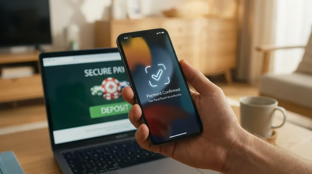 Person holding an iPhone near a screen showing a casino deposit page with Apple Pay authentication prompt