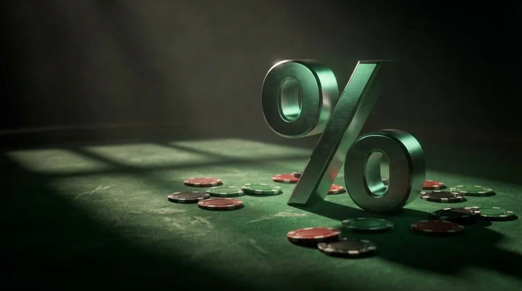 A percentage symbol glowing green on a dark felt surface with a few casino chips nearby
