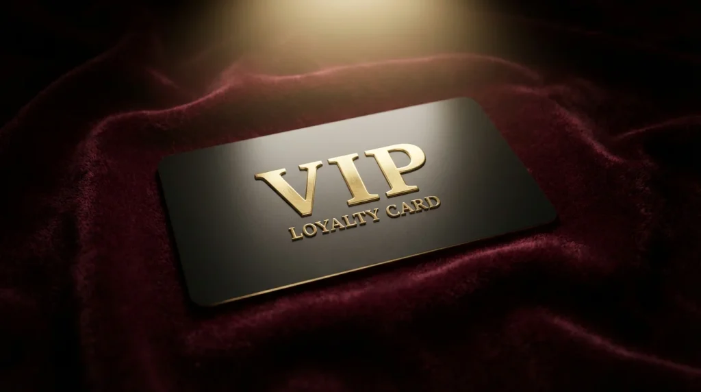 Elegant VIP loyalty card resting on a dark velvet surface under a warm spotlight