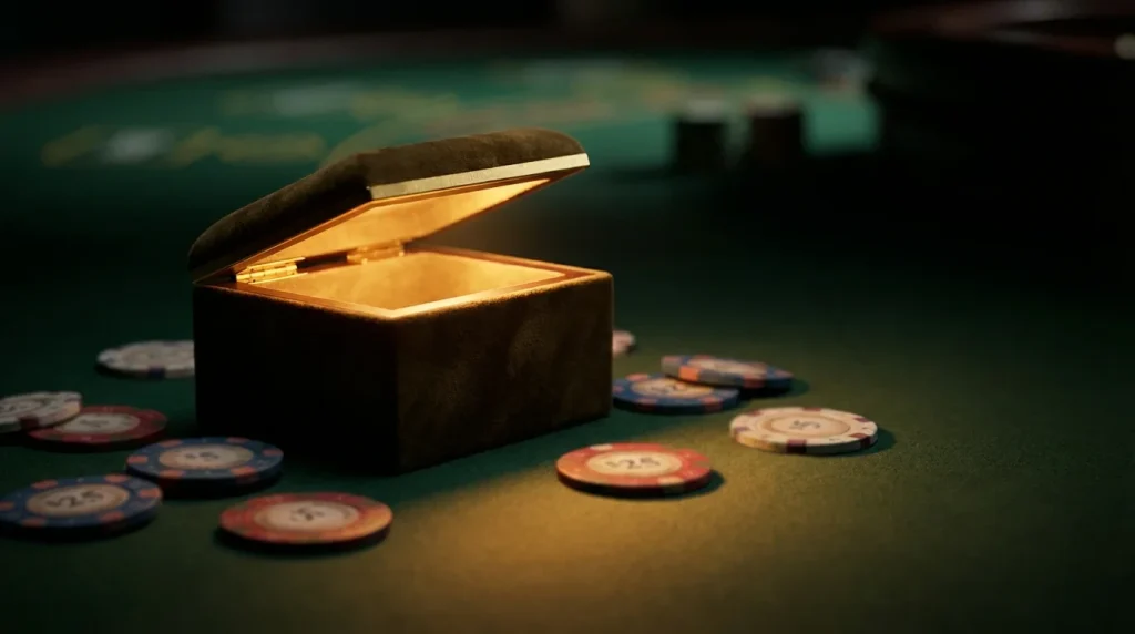 Casino welcome bonus explained — gift box opening with golden light on a casino table