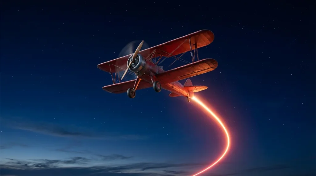 Small red aeroplane ascending steeply against a dark sky with a rising multiplier line trail behind it