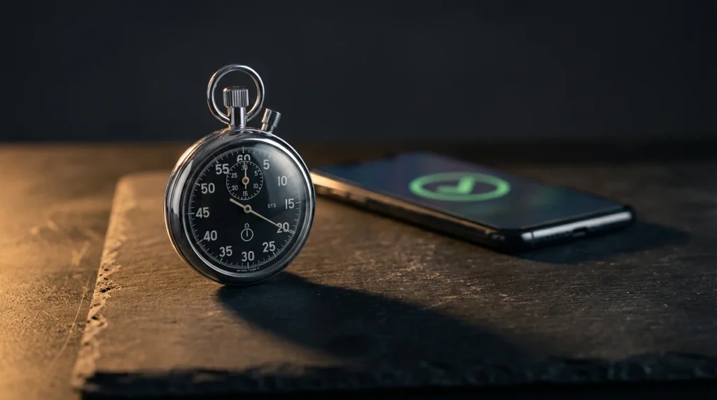 Fast payout casinos UK — stopwatch on a table next to a smartphone with payment notification