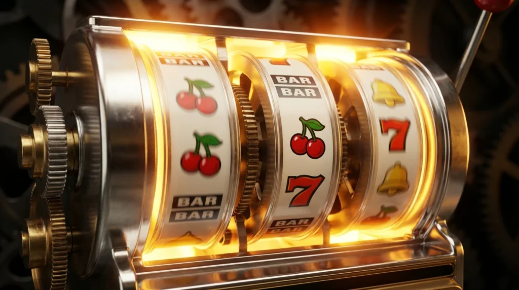 Free spins no deposit UK — slot machine reels spinning with golden light burst