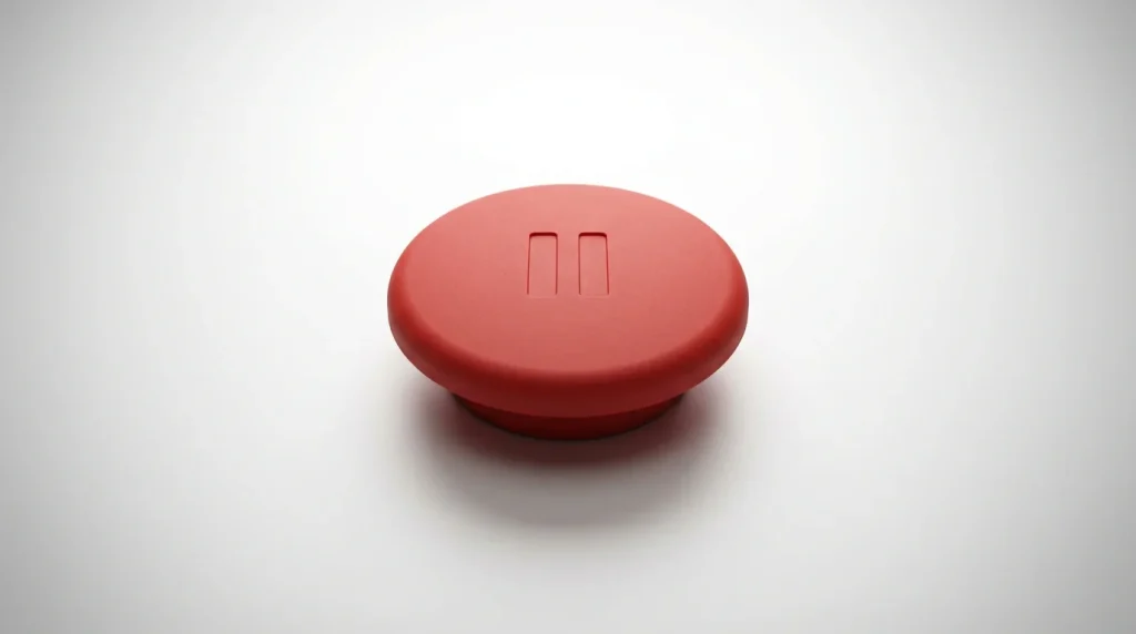 Hand pressing a large red pause button on a clean white surface symbolising self-exclusion