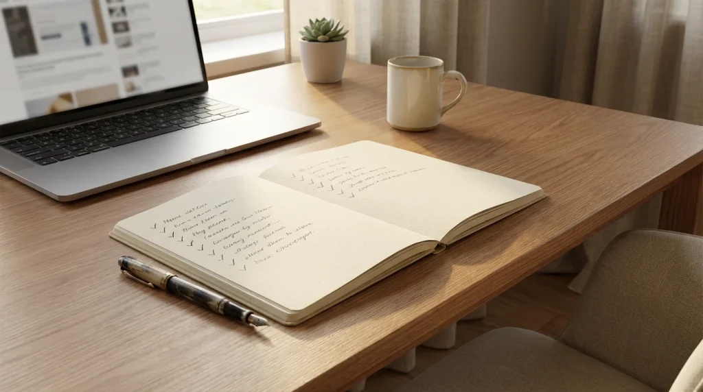 How to choose an online casino UK — checklist and laptop on a desk