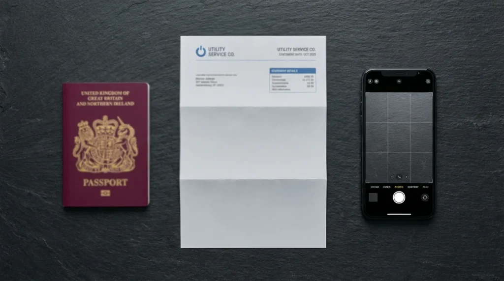 UK passport and a utility bill laid flat on a dark surface under bright overhead light