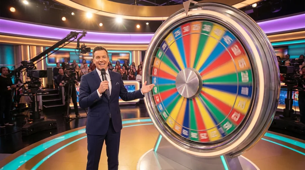 Live game show presenter standing beside a large colourful spinning wheel in a bright studio