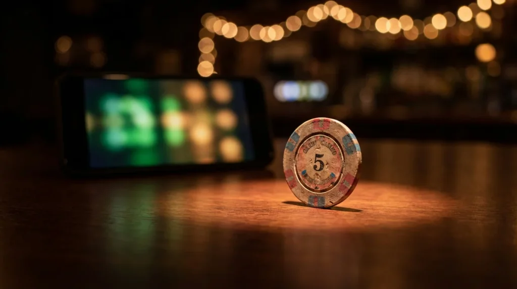 Minimum deposit casinos UK — a few small coins on a table beside a glowing phone screen