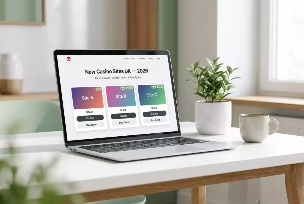 New casino sites UK 2026 — modern laptop showing a freshly launched casino homepage
