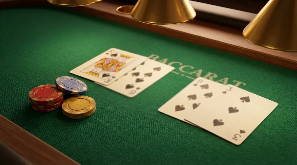 Two baccarat hands of playing cards dealt face-up on a green felt table under warm lighting