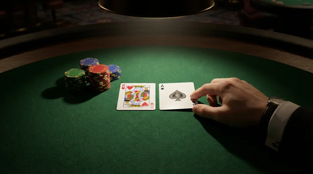 Online blackjack UK — blackjack hand with ace and ten on green felt