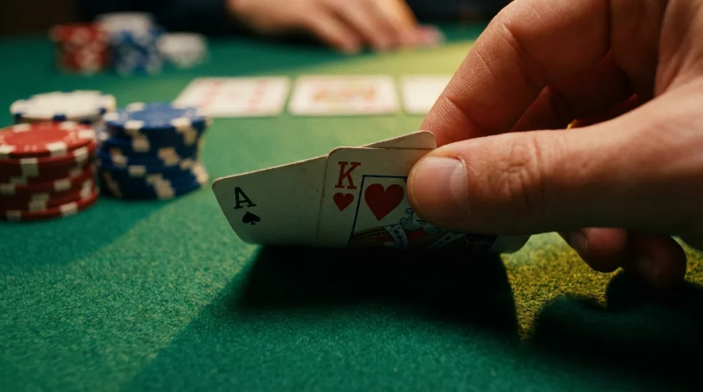 Two hole cards being revealed on a green poker table with stacked chips in the background
