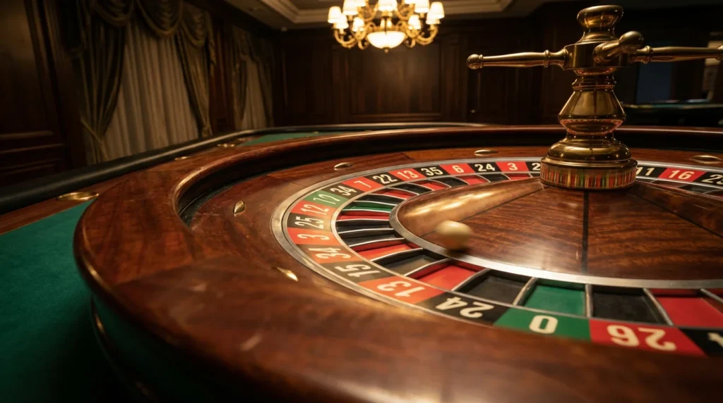 Online roulette UK — European roulette wheel close-up with ball in motion