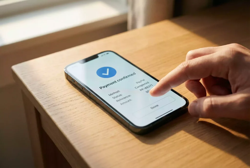PayPal casinos UK — smartphone showing PayPal payment confirmation on a table
