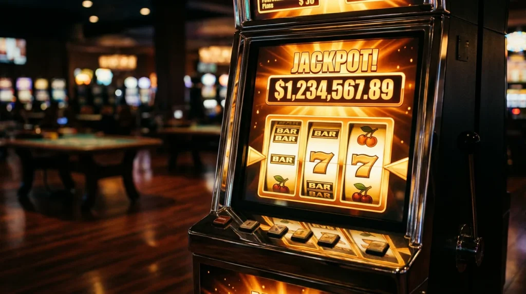 Glowing slot machine reels displaying a rising jackpot counter in a dimly lit casino setting