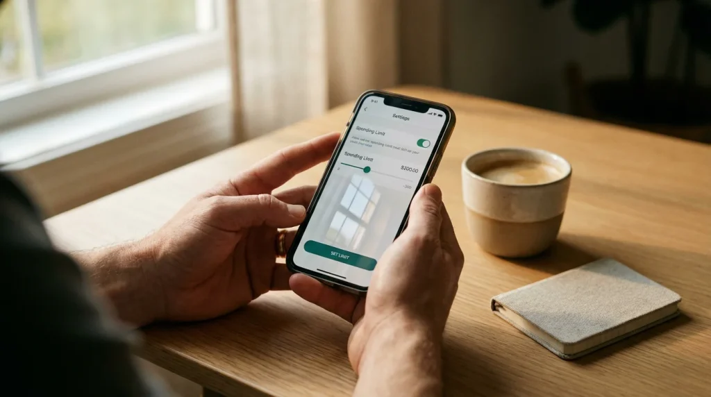 Person calmly setting a deposit limit on a smartphone screen at a tidy desk