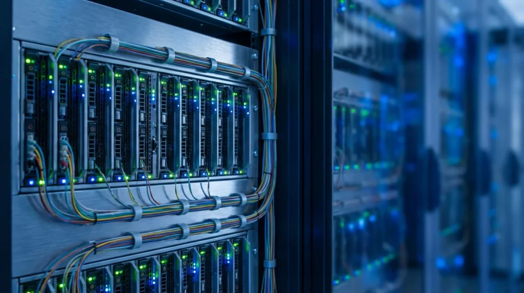 Close-up of a server rack with blinking green indicator lights in a modern data centre