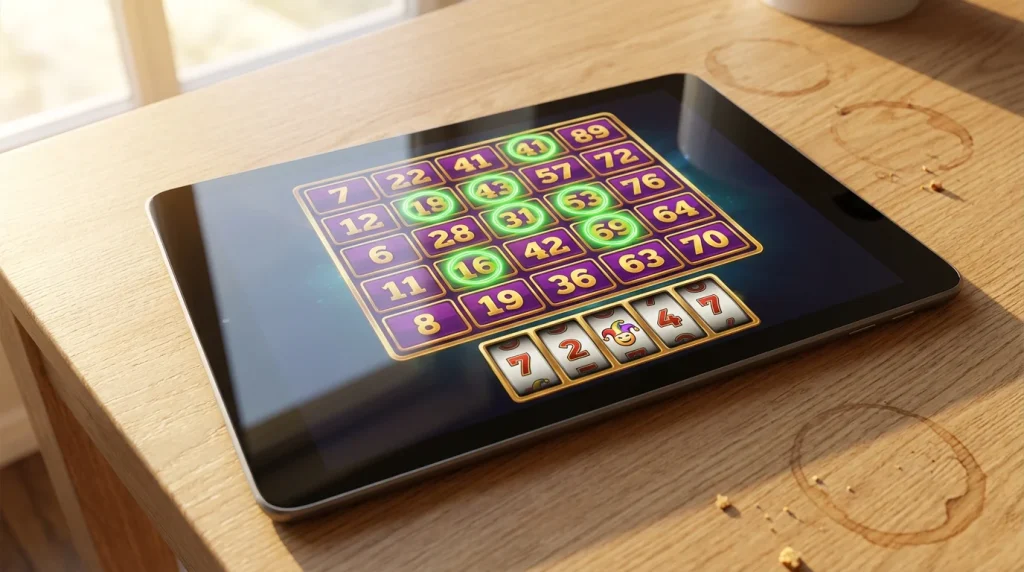 Five-by-five numbered bingo grid with a row of slot reels spinning beneath it on a bright screen