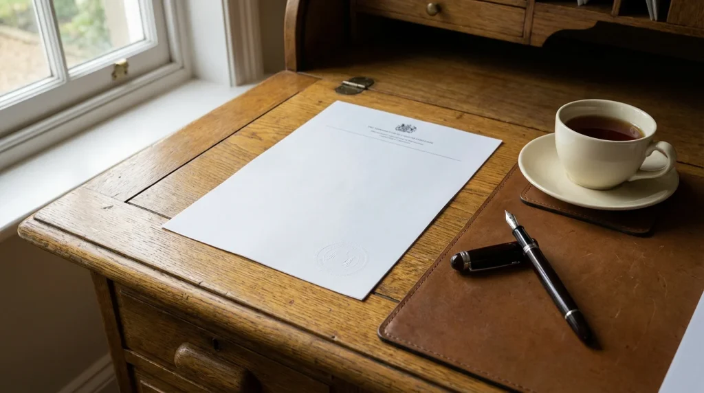 Official HMRC document on a wooden desk beside a pen and a cup of tea